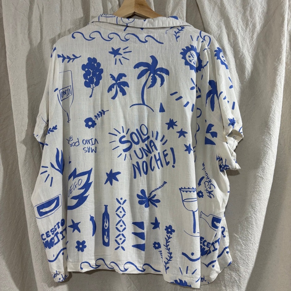 Womens Linen Blend Blue White Doodle Vino Summer Print Button Down Shirt Large - Picture 2 of 6